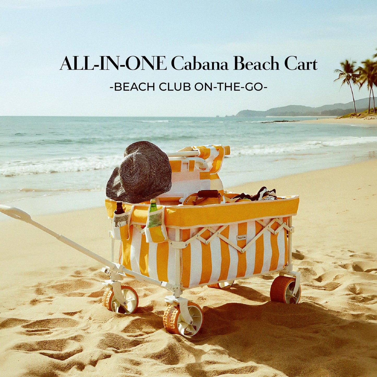 DEER LAND Beach Wagon Cart with Big 6.7" Fat Tires, Foldable Sand Wagon for Beach, Camping & Outdoor Use – Large Capacity, Easy Pull Design, Cala Serena Ochre Stripe