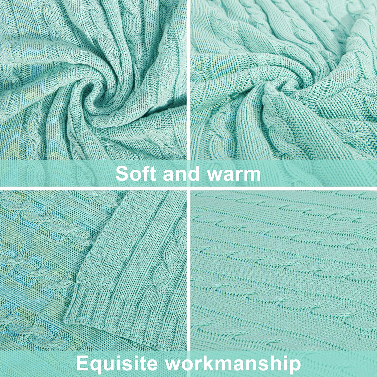 NTBAY 100% Pure Cotton Cable Knit Throw Blanket, Super Soft Warm 51x67 Knitted Throw Blanket for Couch, Sofa, Chair, Bed - Extra Cozy, Machine Washable, Comfortable Home Decor, Mint