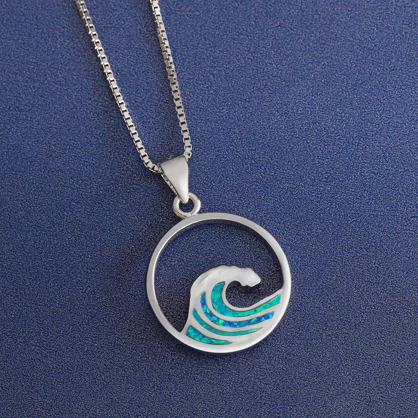 Aloha Jewelry Company Sterling Silver Created Blue Opal Wave Neckalce Pendant with 18" Box Chain