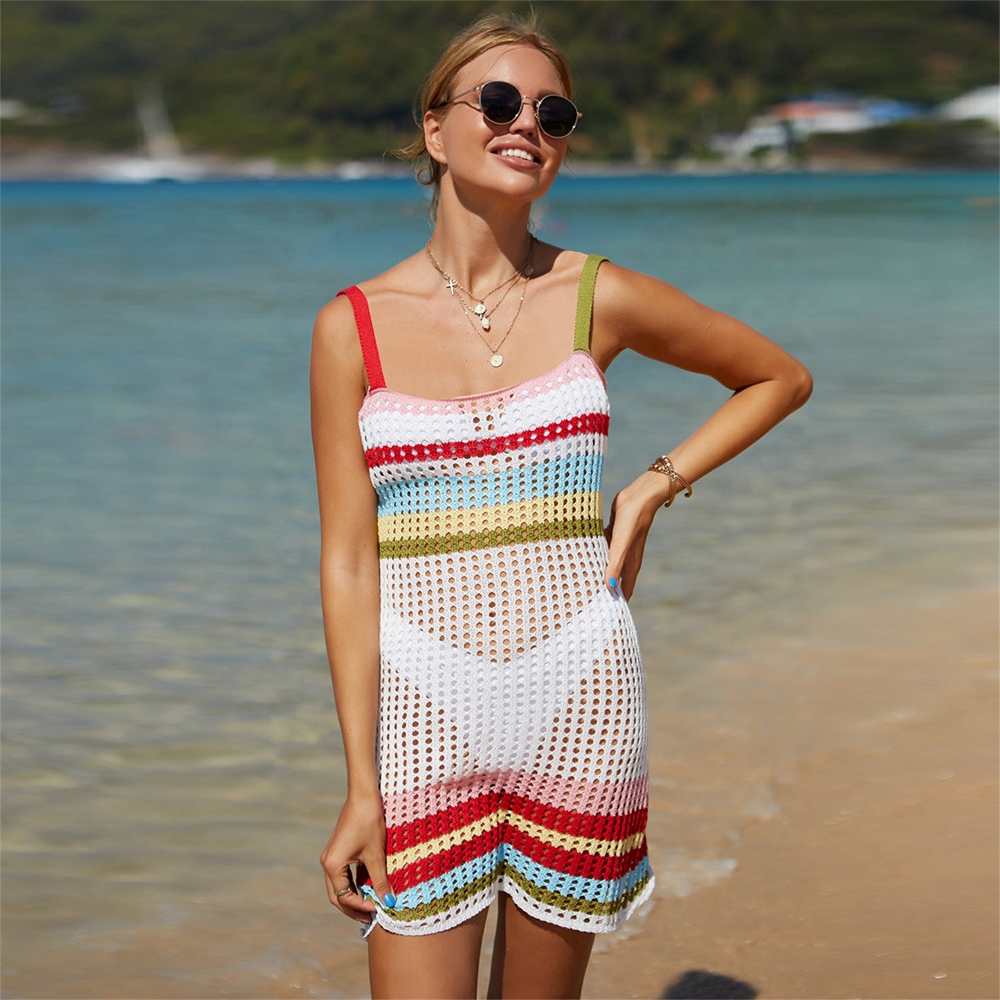 Summer Women Stitching Bikini Beach Dress Backless Suspenders Blouse