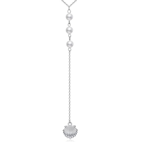Seashell Pearl Y-Drop Necklace for Women 925 Sterling Silver Real Pearl Shell Necklace Boho Summer Beach Vacation Jewelry Gift for Birthday
