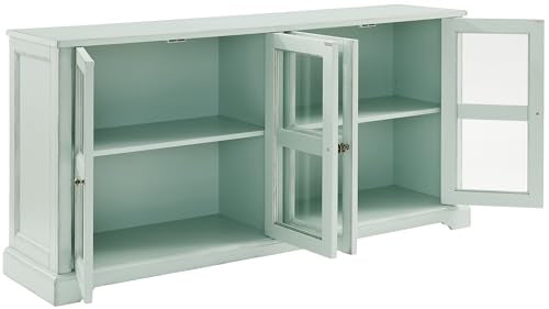 Crosley Furniture Holbrook Traditional Glass Door Sideboard Buffet Cabinet, Kitchen Storage, TV Stand, Distressed Seafoam Blue