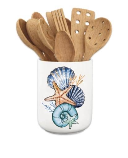 JarThenaAMCS Summer Coastal Ceramic Utensil Holder Starfish Seashell Utensil Crock for Beach Home Kitchen Countertop Storage Organizer Container