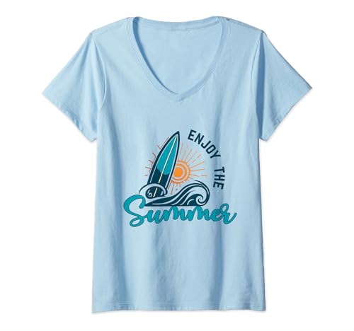 Womens Enjoy The Summer Surfboard Graphic V-Neck T-Shirt