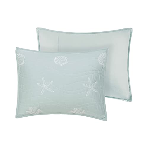 Harbor House Seaside Reversible Cotton Quilt Set Coastal Clam, Starfish, Coral Embroidery, All Season, Pre-Washed Coverlet Bedding Layer, Decorative Pillow, King/Cal King(108"x90") Seafoam 4 Piece
