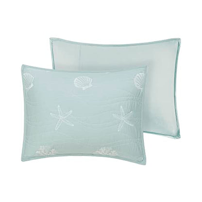 Harbor House Seaside Reversible Cotton Quilt Set Coastal Clam, Starfish, Coral Embroidery, All Season, Pre-Washed Coverlet Bedding Layer, Decorative Pillow, King/Cal King(108"x90") Seafoam 4 Piece