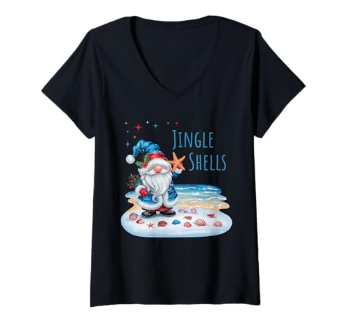 Womens Jingle Shells Funny Christmas Gnome V-Neck T-Shirt