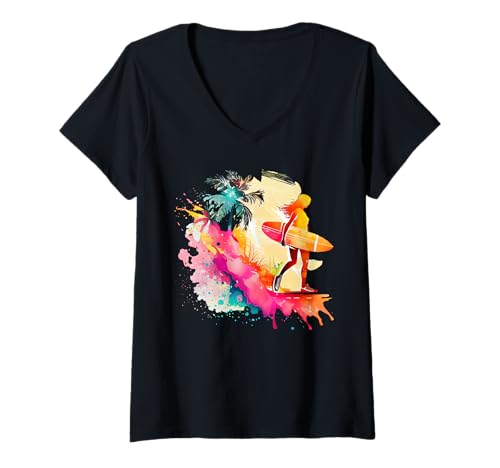Womens Surfing Girl V-Neck T-Shirt