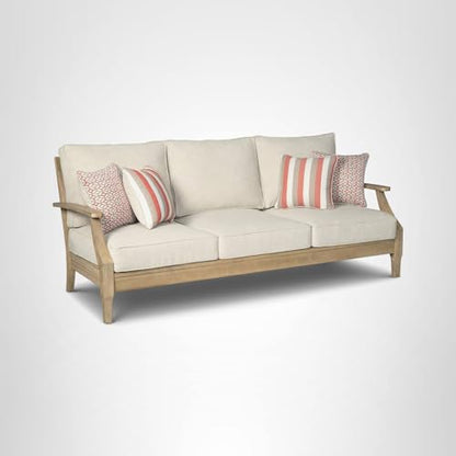 Signature Design by Ashley Clare View Outdoor Patio Sofa, 4 Throw Pillows, Nuvella Weather Resistant Fabric, Eucalyptus Wood, 81" W x 35" D x 32" H, Beige