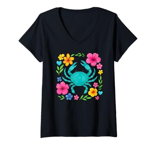 Womens Boho Beach Crab V-Neck T-Shirt