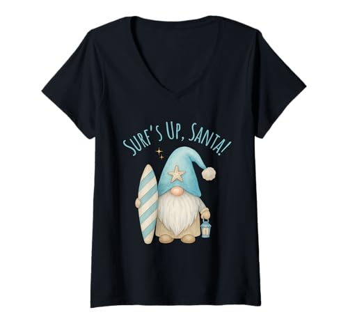 Womens Surf's Up Santa Funny Christmas Gnome V-Neck T-Shirt
