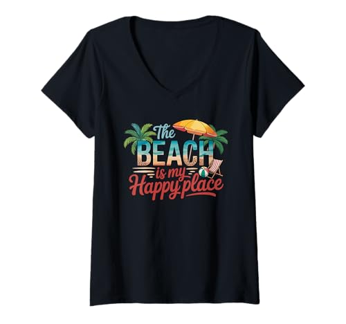 Womens The Beach My Happy Place V-Neck T-Shirt