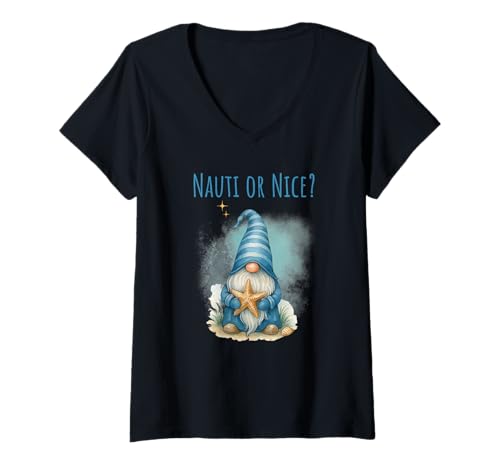 Womens Nauti or Nice Funny Christmas Gnome V-Neck T-Shirt