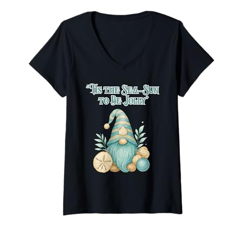 Womens Tis The Sea-Sun Funny Christmas Gnome V-Neck T-Shirt