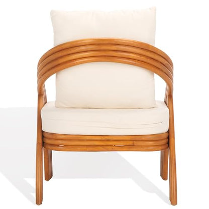 SAFAVIEH Couture Collection Demarco Tropical Coastal Natural Rattan/White Linen Cushion Accent Chair (Fully Assembled)