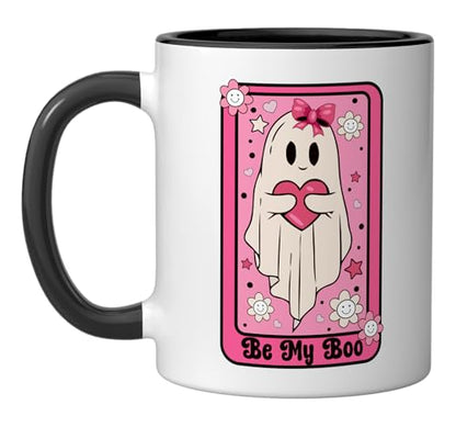 Be My Boo Retro Ghost Valentine Tarot Card Ceramic Mug, Black/White