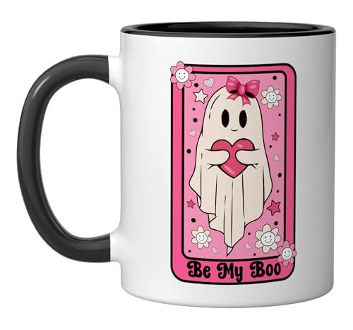 Be My Boo Retro Ghost Valentine Tarot Card Ceramic Mug, Black/White