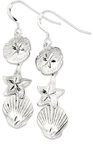 Sterling Silver Drop Dangle Sand Dollar Starfish Seashell Earrings 58mm Polished Beach Jewelry For Women Gift Nature Theme