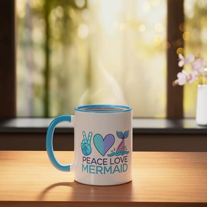 Peace Love Mermaid Cute Funny Ceramic Mug, Blue/White