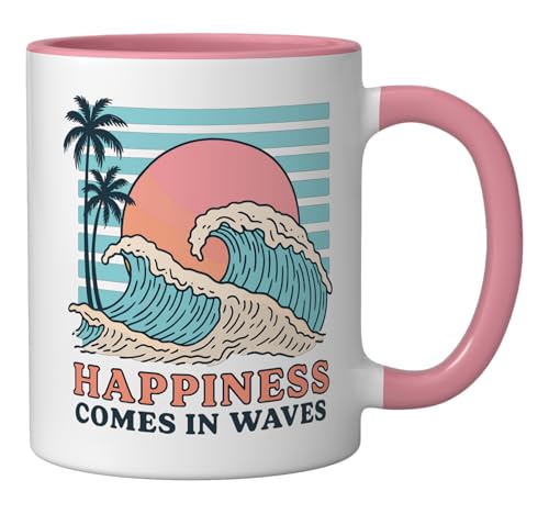 Happiness Comes In Waves Ceramic Mug, Pink/White