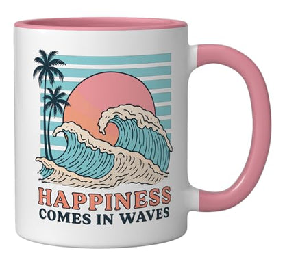 Happiness Comes In Waves Ceramic Mug, Pink/White