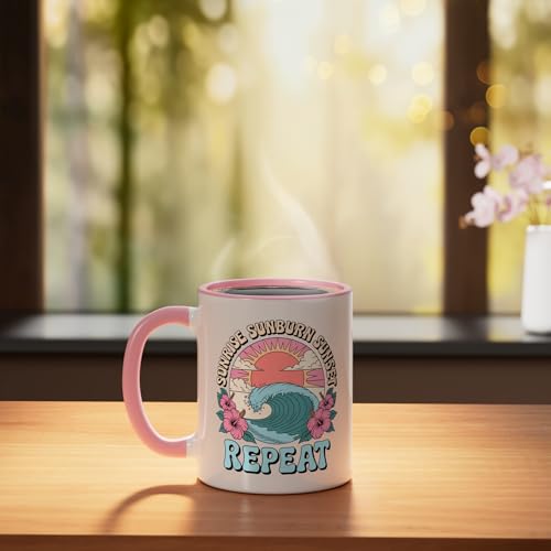 Sunrise Sunset Sunburn Repeat Ceramic Mug, Pink/White