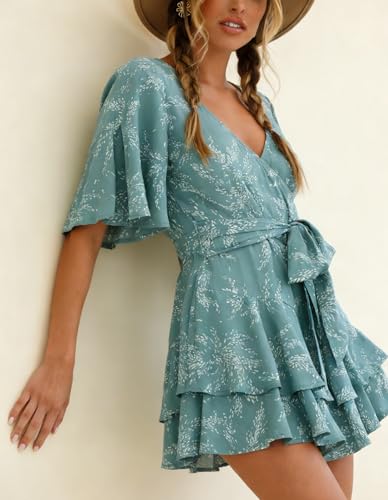 Relipop Women's V Neck Summer Romper Floral Half Sleeves Waist Tie Jumpsuits Wide leg Ruffle Vacation Casual Rompers Outfit Lake Blue Medium