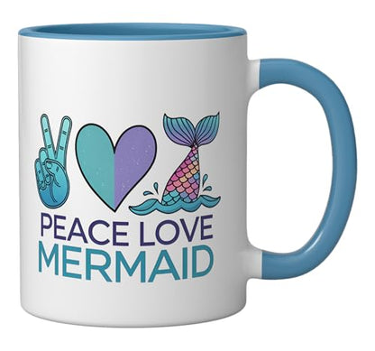 Peace Love Mermaid Cute Funny Ceramic Mug, Blue/White