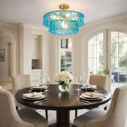 Maxax 20" Coastal Blue Glass Chandelier, Modern 6-Light Round Drum Ceiling Light Fixture, Electroplated Copper E12 Base, for Entryway, Living Room, Bedroom, Kitchen, Dining Room
