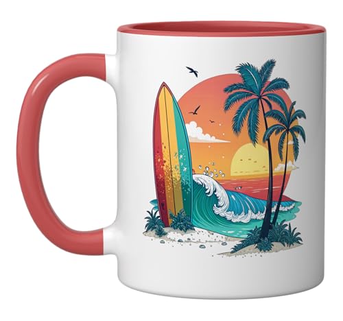 Surfer Sunset Beach Ceramic Mug, Red/White