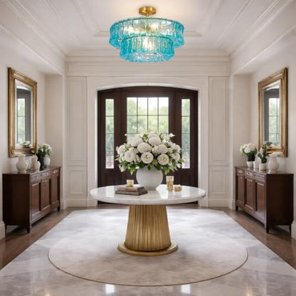 Maxax 20" Coastal Blue Glass Chandelier, Modern 6-Light Round Drum Ceiling Light Fixture, Electroplated Copper E12 Base, for Entryway, Living Room, Bedroom, Kitchen, Dining Room