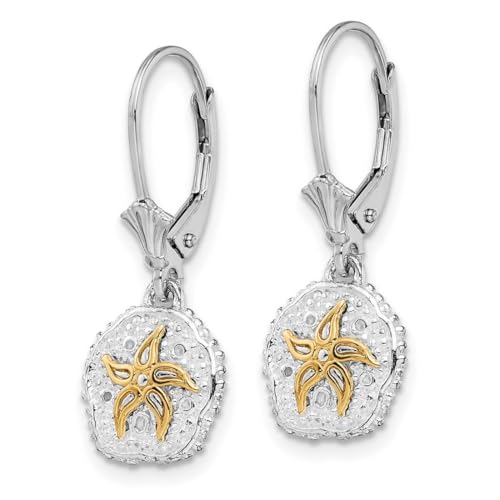 925 Sterling Silver Rhodium Plated Sand Dollar With 14k Sea shell Nautical Starfish Leverback Earrings 28x11mm Wide Stud Earring for Women