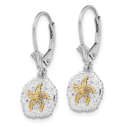 925 Sterling Silver Rhodium Plated Sand Dollar With 14k Sea shell Nautical Starfish Leverback Earrings 28x11mm Wide Stud Earring for Women