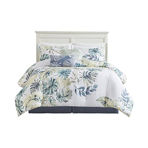 Harbor House Cozy Cotton Comforter Set - Coastal, All Season Down Alternative Casual Bedding with Matching Shams, Decorative Pillows, Lorelai, Monstera Leaf Green King(110"x96") 6 Piece