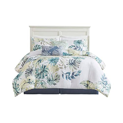 Harbor House Cozy Cotton Comforter Set - Coastal, All Season Down Alternative Casual Bedding with Matching Shams, Decorative Pillows, Lorelai, Monstera Leaf Green King(110"x96") 6 Piece