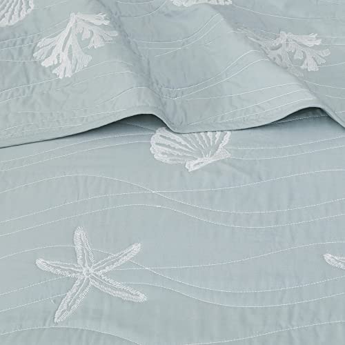Harbor House Seaside Reversible Cotton Quilt Set Coastal Clam, Starfish, Coral Embroidery, All Season, Pre-Washed Coverlet Bedding Layer, Decorative Pillow, King/Cal King(108"x90") Seafoam 4 Piece