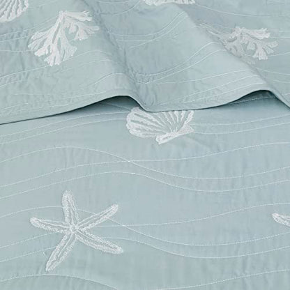 Harbor House Seaside Reversible Cotton Quilt Set Coastal Clam, Starfish, Coral Embroidery, All Season, Pre-Washed Coverlet Bedding Layer, Decorative Pillow, King/Cal King(108"x90") Seafoam 4 Piece