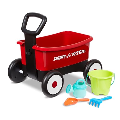 Radio Flyer My 1st Wagon 2-in-1 Walker & Pull Wagon with Beach and Garden Tools for Toddlers Ages 1-4, Red