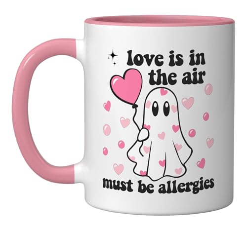 Love Is In The Air Funny Valentine's Day Ghost Ceramic Mug, Pink/White