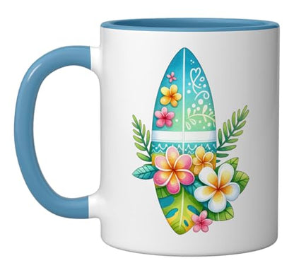 Tropical Surfboard Ceramic Mug, Blue/White