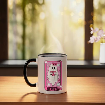 Be My Boo Retro Ghost Valentine Tarot Card Ceramic Mug, Black/White