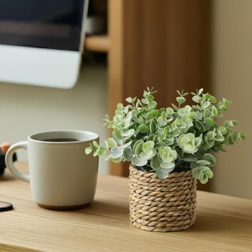 Small Fake Potted Plants: 7 Inches Artificial Plants with Seagrass Handwoven Planters, Indoor Farmhouse Decorations, Eucalyptus Plant for Home Bathroom Office Shelf Tabletop Desk Room Decor or Gift