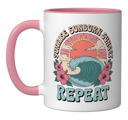 Sunrise Sunset Sunburn Repeat Ceramic Mug, Pink/White