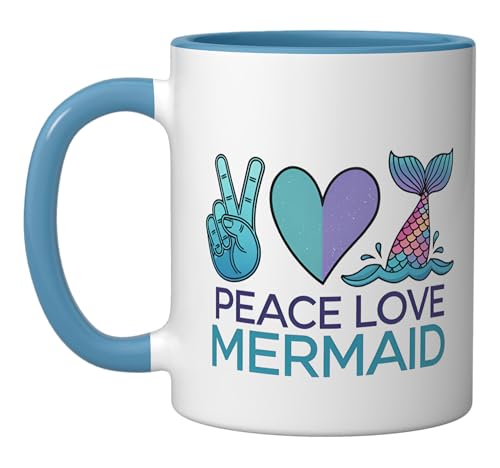 Peace Love Mermaid Cute Funny Ceramic Mug, Blue/White