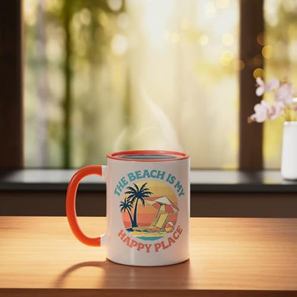 The Beach Is My Happy Place Ceramic Mug, Orange/White