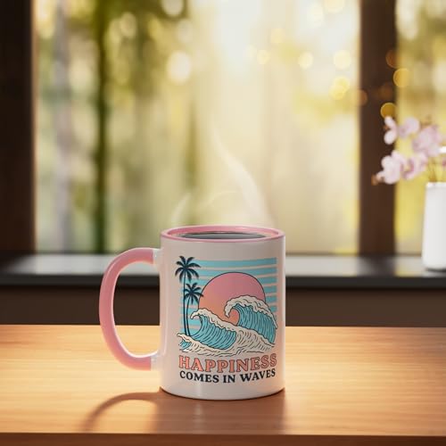Happiness Comes In Waves Ceramic Mug, Pink/White