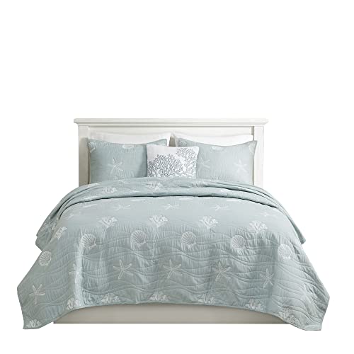 Harbor House Seaside Reversible Cotton Quilt Set Coastal Clam, Starfish, Coral Embroidery, All Season, Pre-Washed Coverlet Bedding Layer, Decorative Pillow, King/Cal King(108"x90") Seafoam 4 Piece