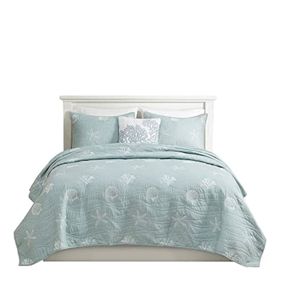 Harbor House Seaside Reversible Cotton Quilt Set Coastal Clam, Starfish, Coral Embroidery, All Season, Pre-Washed Coverlet Bedding Layer, Decorative Pillow, King/Cal King(108"x90") Seafoam 4 Piece