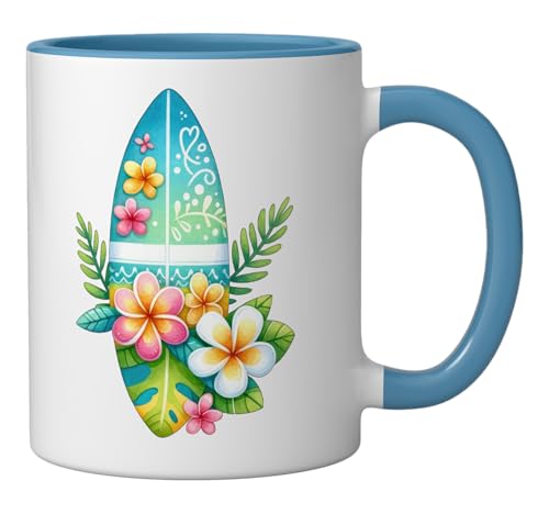 Tropical Surfboard Ceramic Mug, Blue/White