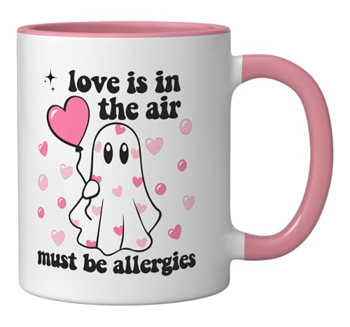 Love Is In The Air Funny Valentine's Day Ghost Ceramic Mug, Pink/White